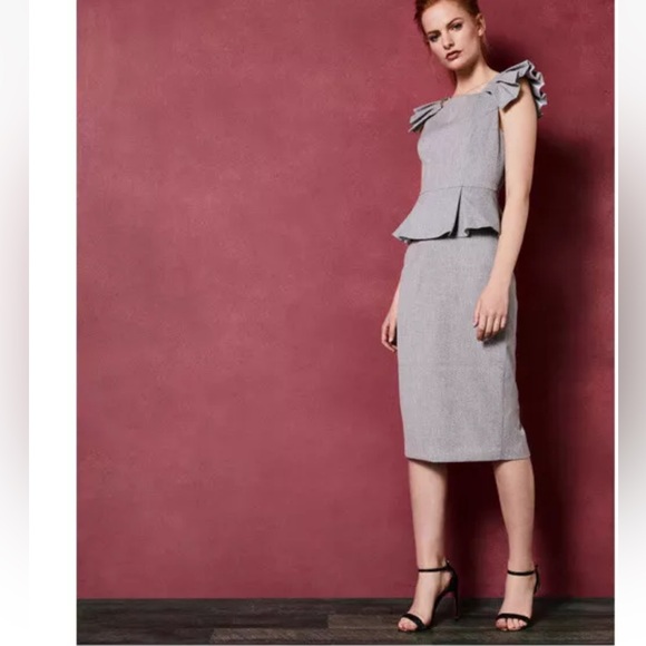 Ted Baker Daizid Peplum Dress Womens Gray Textured Midi Pleated Size 2 (US 4-6) - Picture 4 of 8